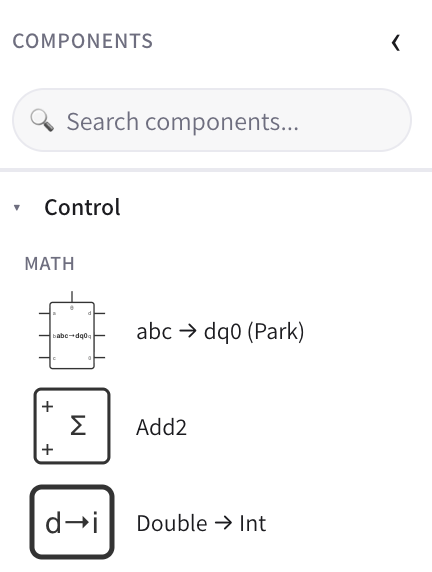 The component palette with the search box at the top and components grouped into collapsible Control, Electrical, Measurement, and Configuration sections.
