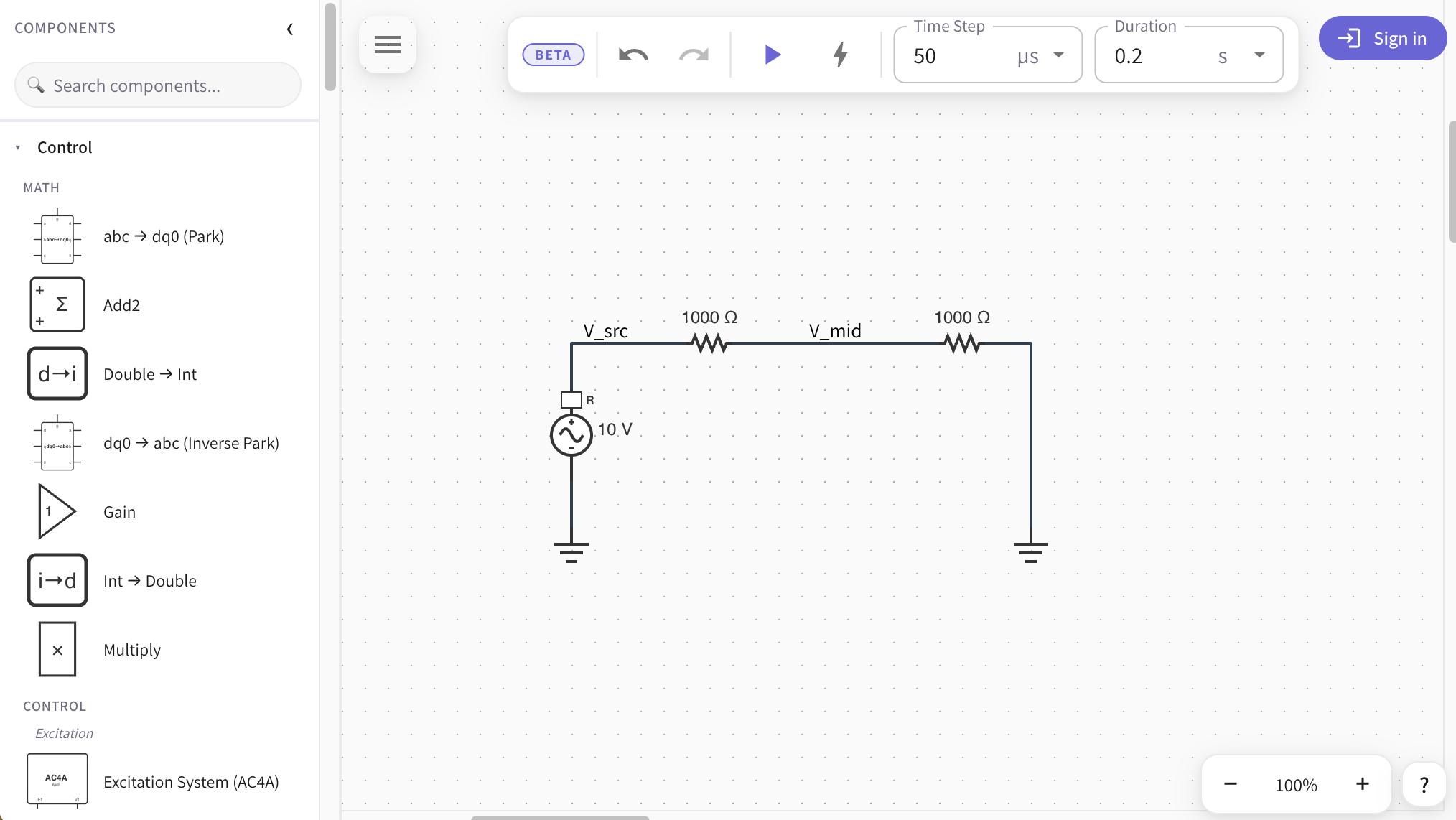 The NumaSim editor: the component palette on the left, the canvas in the center, the simulation toolbar floating at the top, and the zoom control at the bottom-right.