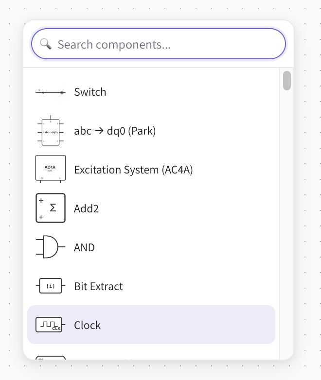 The quick-add search popup, opened by double-clicking empty canvas, listing components that match the typed query.