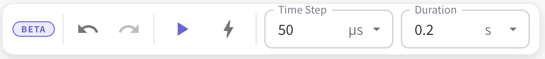 The floating simulation toolbar with the Run button, the load-flow button, and the Time Step and Duration fields with their unit selectors.