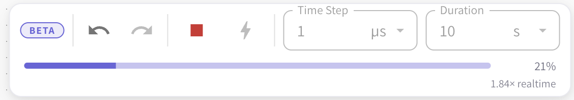 The transport bar under the toolbar showing a run in progress at 42%.